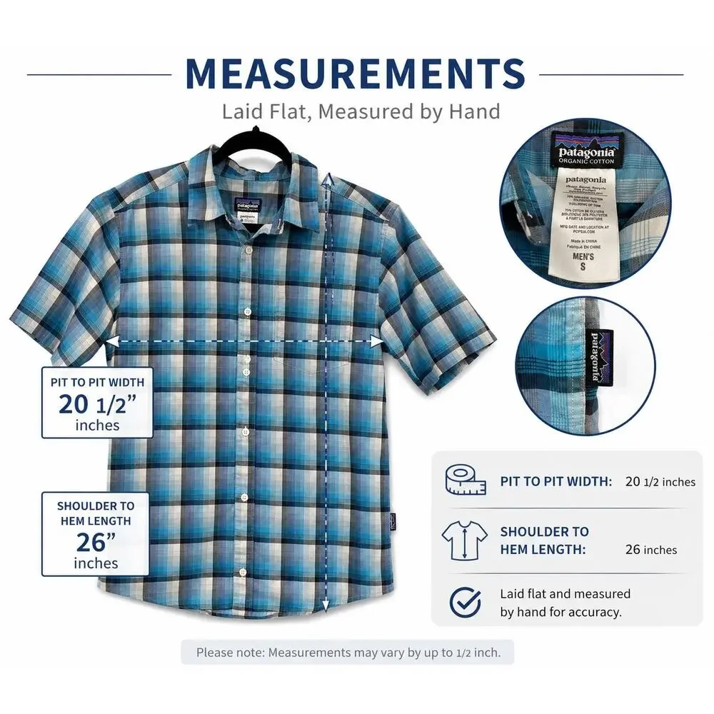 Patagonia Fezzman Men’s Small Blue Plaid Organic Cotton Camp Short Sleeve‎ Shirt
